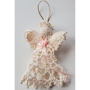 Handcrafted Angel White Crochet Starched Christmas Tree Ornament Vintage Ribbon